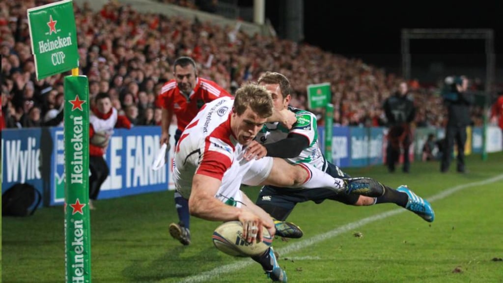 Andrew Trimble scores a try against Benetton Treviso at Ravenhill, one of two the winger has scored for Ulster thus far in this year’s Heineken Cup campaign. Photograph: Darren Kidd/Inpho/Presseye