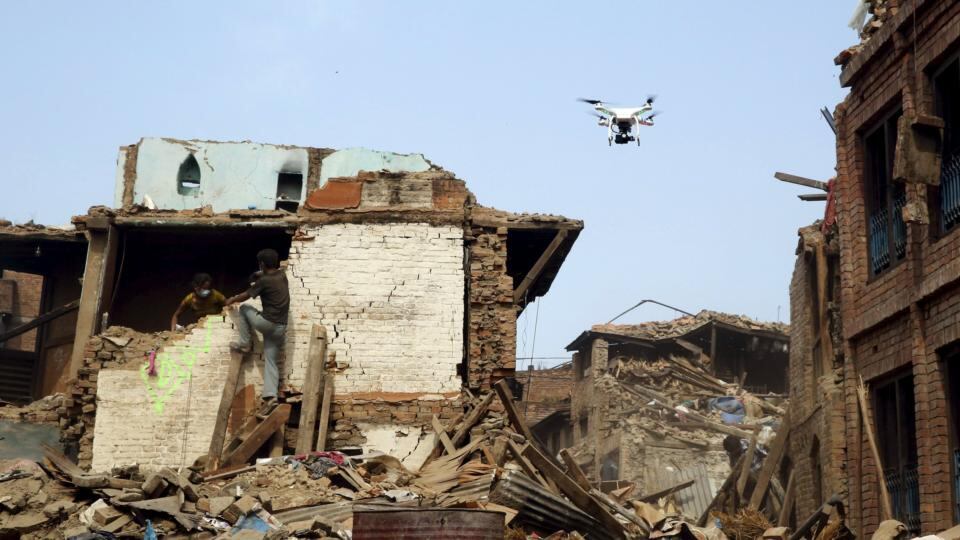 A drone flies over buildings destroyed after last week’s earthquake in Bhaktapur, Nepal. Photograph: Reuters