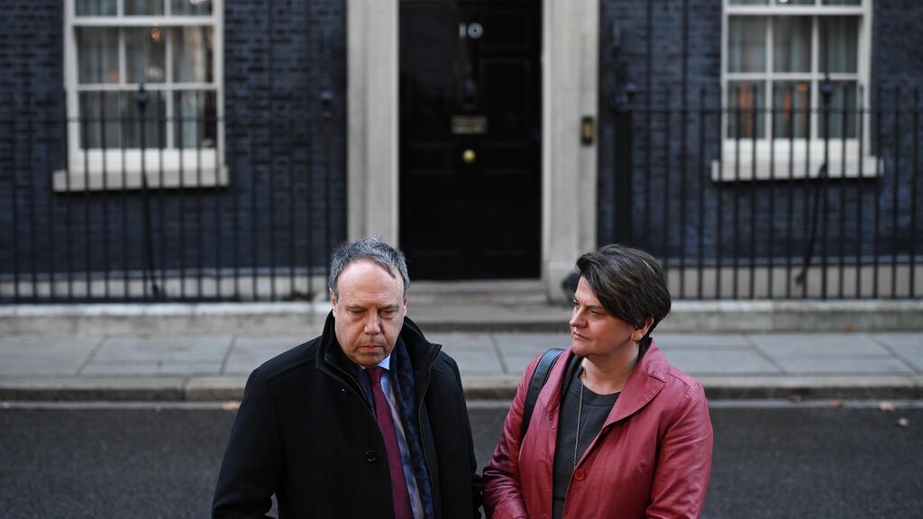 DUP leader Arlene Foster and the party’s leader in the House of Commons, Nigel Dodds, on Downing Street. Photograph: Leon Neal/Getty