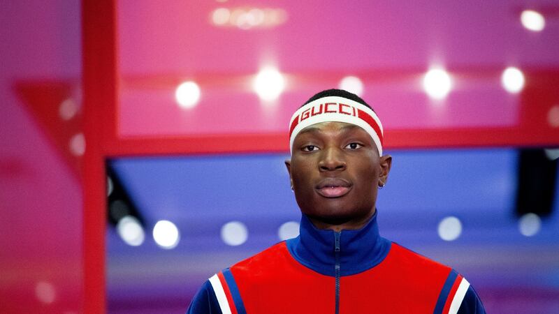 Brown Thomas S/S 2019 :A model wears a Gucci velour tracksuit. Photograph: Tom Honan/The Irish Times