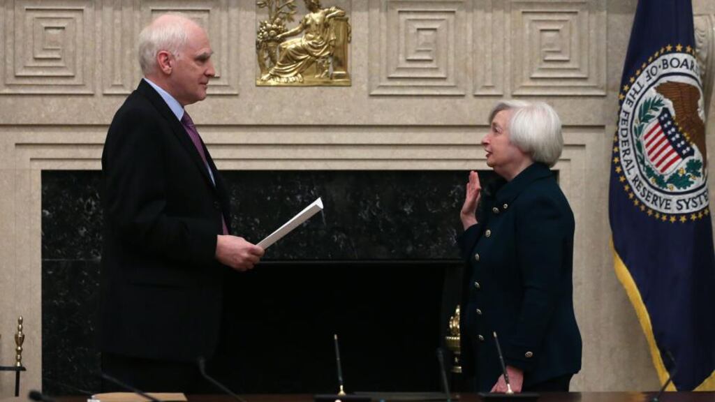 Federal Reserve vice chairman Janet Yellen is sworn in as Federal Reserve chairman by Federal Reserve Board Governor Daniel Tarullo at the Federal Reserve Building today. Chairman Yellen is replacing Ben Bernanke as Federal Reserve Chairman. Photograph: Mark Wilson/Getty Images