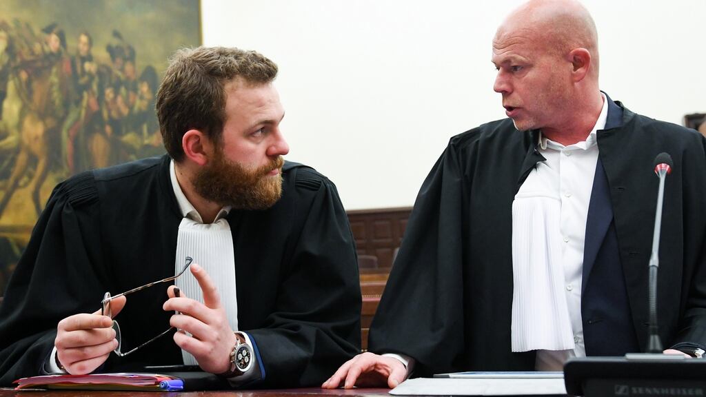 Lawyers Romain Delcoigne and Sven Mary, representing Paris attacks suspect Salah Abdeslam, in court in Brussels in February. Photograph: Frederic Sierakowoski/EPA
