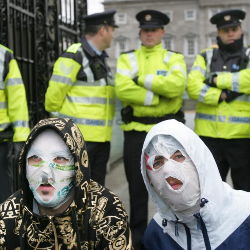 Rubberbandits at Leinster House in 2010, promoting Horse Outside. Photograph: Matt Kavanagh