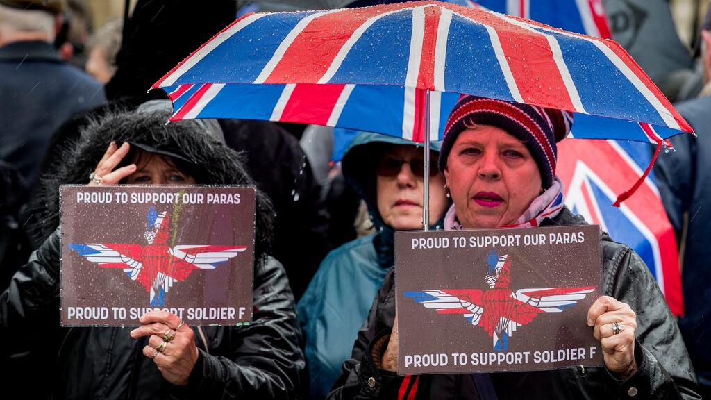 Protesters outside Belfast City Hall during a rally for soldier F. Photograph: Liam McBurney/PA Wire