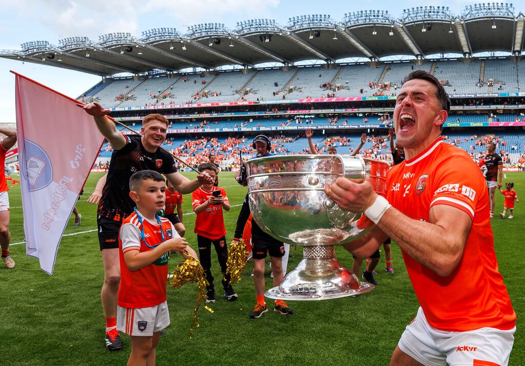 Stefan 'Soupy' Campbell with the Sam Maguire trophy after Armagh's win over Galway in Sunday's All-Ireland football final. Photograph: James Crombie/Inpho
