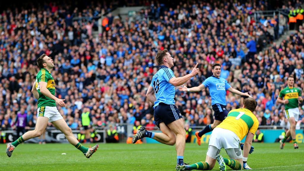 Paul Flynn celebrates after taking advantage of hesitation in the Kerry defence to score Dublin’s first goal in the Allianz Football League Division One Final. Photograph: Cathal Noonan/Inpho.
