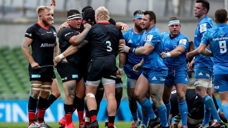 Saracens’ Jamie George and Vincent Koch celebrate winning a scrum during Saturday’s win at the Aviva. Photograph: Inpho
