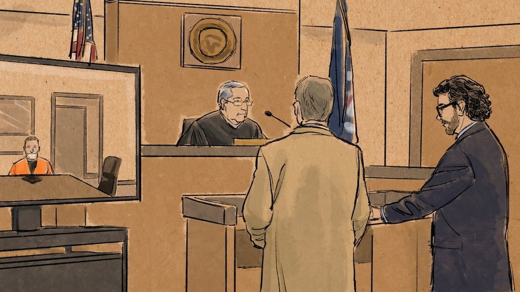 In this courtroom sketch, former Minneapolis police officer Derek Chauvin appears on TV from a maximum security prison. Photograph: Cedric Hohnstadt/AP.