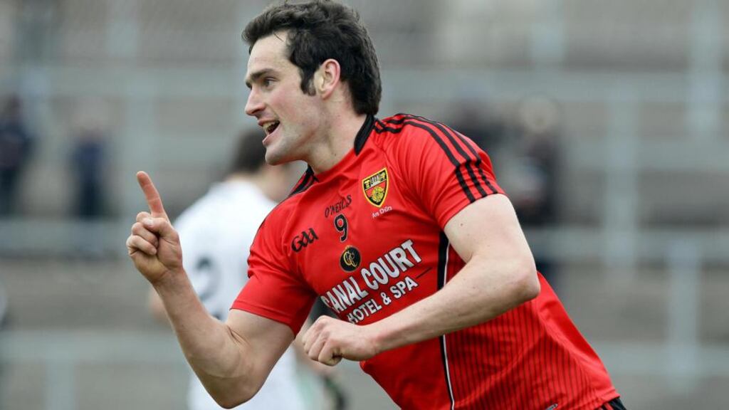 Down's Kevin McKernan celebrates scoring a goal against Kildare during the Allianz Football League Division 1 match at Páirc Esler in Newry. Photograph: William Cherry/Inpho/Presseye