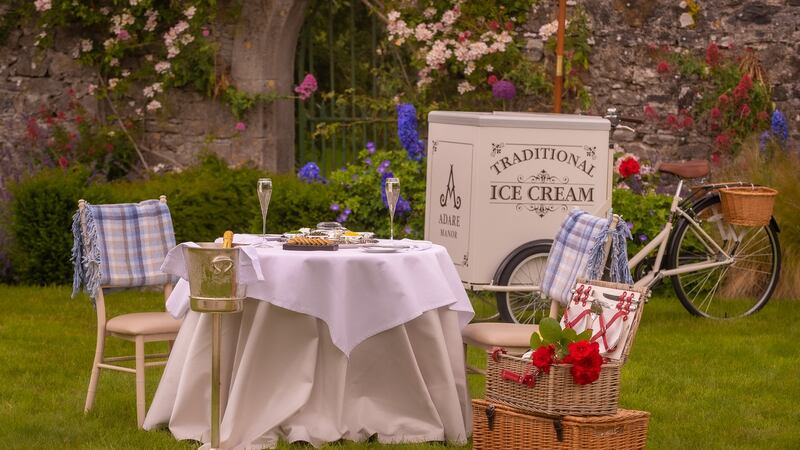 Adare Manor’s ultimate picnic package includes the services of a picnic butler, Champagne, caviar, oysters and a macaron tower.