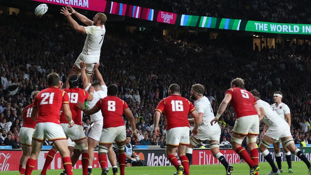 Chris Robshaw of England catches the lineout ball before being bundled into touch by Welsh players during the World Cup Pool A match at Twickenham on September 26th. photograph: mitchell gunn/getty