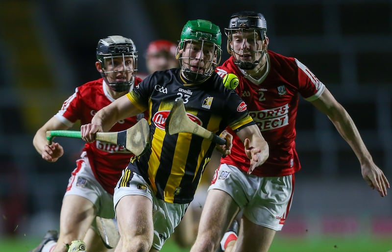 Kilkenny's Martin Keoghan in action against Cork's Eoin Downey during the Allianz Hurling League Division 1A game at SuperValu Páirc Uí Chaoimh. Photograph: Ken Sutton/Inpho