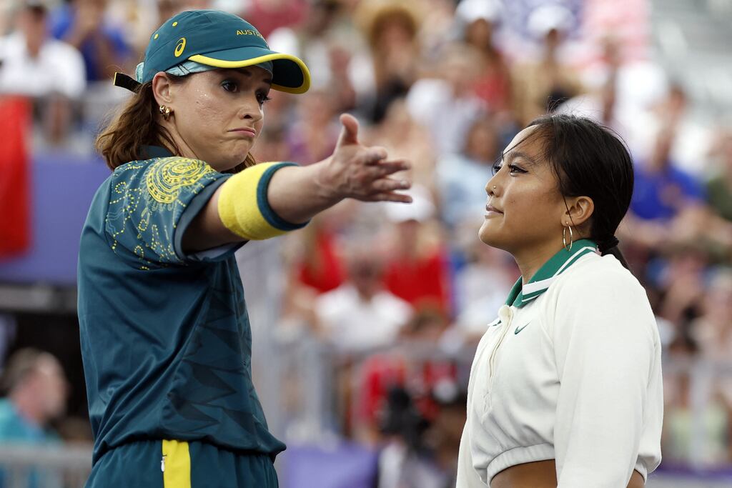 Australia's Rachael Gunn (left), known as Raygun gestures next to the USA's Logan Edra, known as Logistx, during their battle at the Breaking competition in the Paris 2024 Olympic Games. Photograph: Odd Andersen/AFP via Getty Images