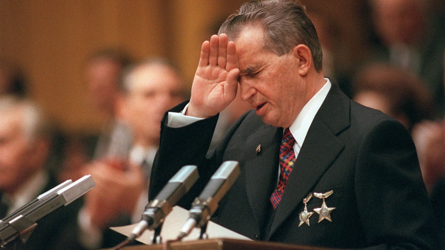 Romanian Communist Party general secretary and president Nicolae Ceausescu addressing party members during a party congress in Bucharest in November 1989, the month before he was killed. File photograph: Gerard Fouet/AFP/Getty Images