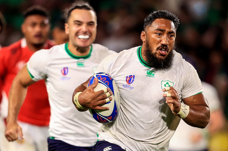 Ireland's Bundee Aki played a key role in the pool win over Tonga in Nantes. Photograph: Dan Sheridan/Inpho