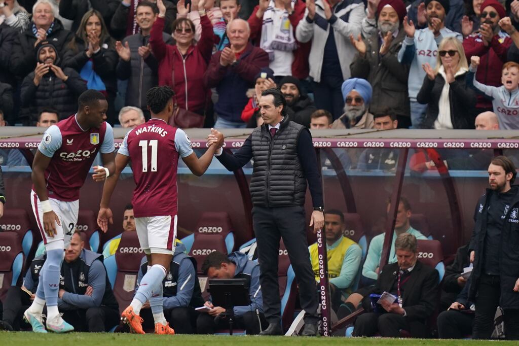 Aston Villa manager Unai Emery congratulates Ollie Watkins as he is substituted after the in-form striker produced another excellent display in the victory over Newcastle at Villa Park. Photograph: Jacob King/PA Wire/PA Images