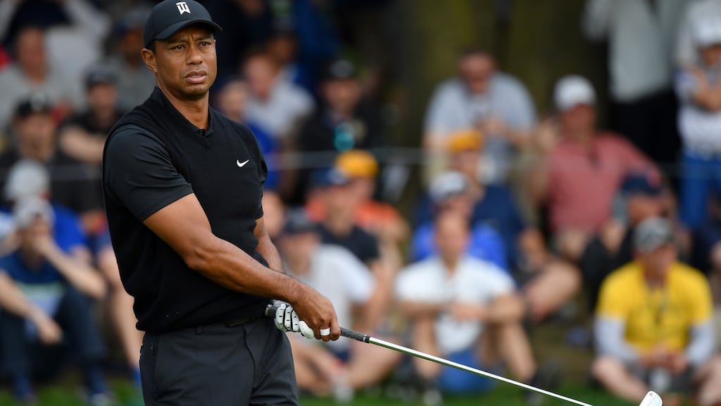 Tiger Woods plays his tee shot from the 17th during the second round of the US PGA Championship at Bethpage Black in Farmingdale, New York. Photograph: Stuart Franklin/Getty Images