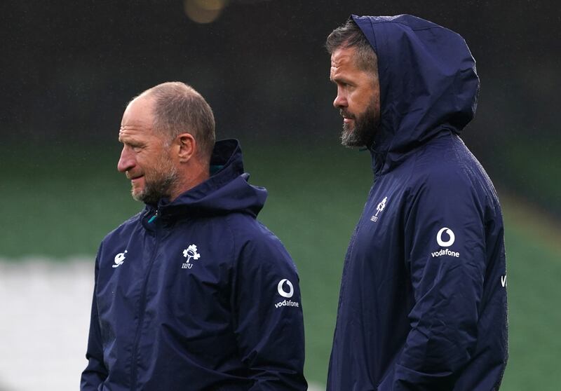 Mike Catt with his friend, former team mate and now Ireland head coach Andy Farrell. Photograph: Brian Lawless/PA