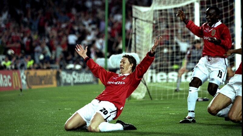 Solskjaer celebrates scoring the winner for Manchester United against Bayern Munich in the 1999 Champions League final. Photo: Ben Radford/Allsport