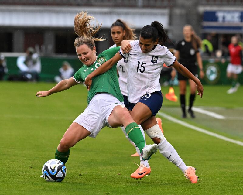 The Republic of Ireland's Kyra Carusa battles with France's Kenza Dali during the friendly international clash at Tallaght Stadium. Photograph: Charles McQuillan/Getty Images