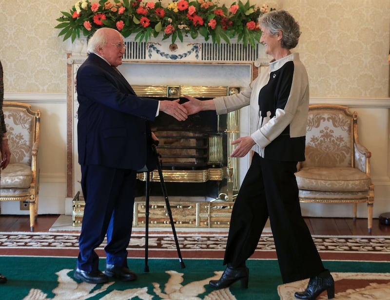 President Michael D Higgins and president-elect Catherine Connolly at Áras an Uachtaráin. Photograph: Colin Keegan/Collins