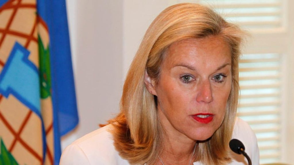 Sigrid Kaag, special coordinator of the Organisation for the Prohibition of Chemical Weapons-United Nations joint mission on eliminating Syria’s chemical weapons programme, speaks during a news conference in Damascus. Photograph: Khaled al-Hariri/Reuters.