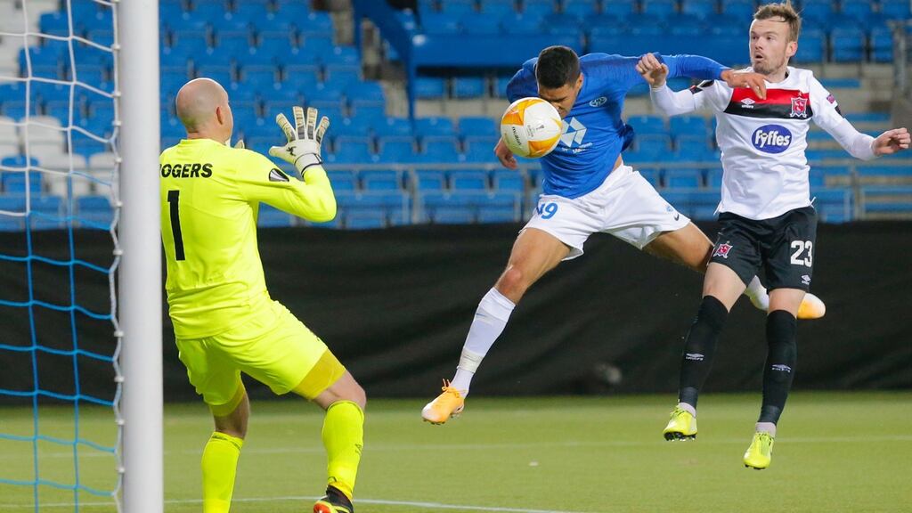 Ohi Anthony Omoijuanfo scores against Dundalk in Molde. Photograph: Getty Images