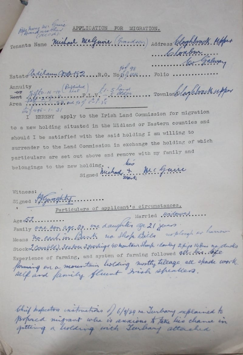 Application for migration. Record from the Land Commission file on the Craig-Waller estate, photographed by the author with permission of the Records Branch, Department of Agriculture, Food and the Marine.