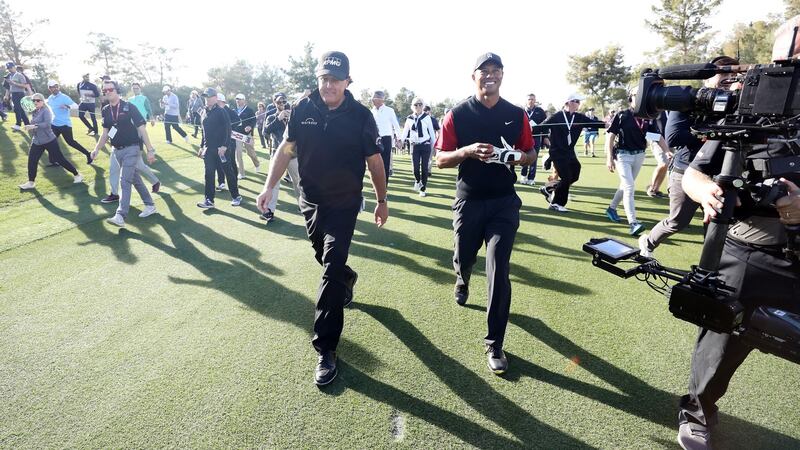 Woods and Mickelson played an inaugural match against each other in Las Vegas two years ago. Photo: Christian Petersen/Getty Images for The Match