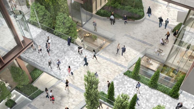 CGI of the seven-storey glazed atrium in Ronan Group’s proposed Spencer Place at Dublin’s Spencer Dock.