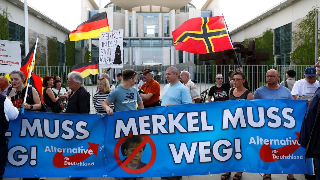 Supporters of the German Anti-immigration party Alternative for Germany (AfD) protest in May 2018: the party is the subject of a very critical book. Photograph: Fabrizio Bensch/Reuters