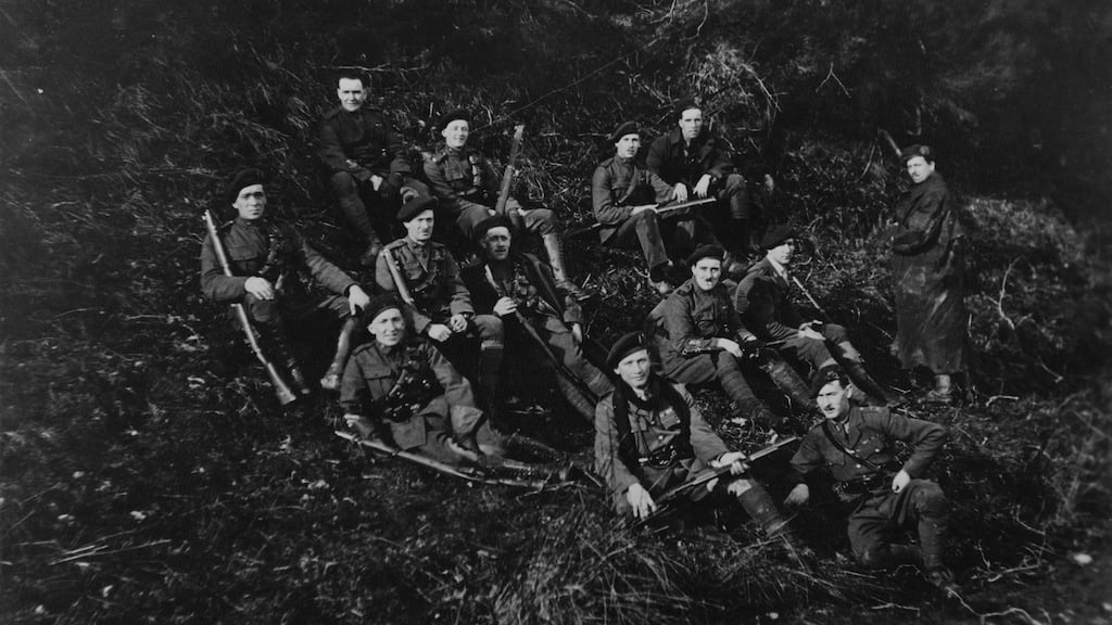 Men, possibly of the Royal Irish Constabulary (RIC), resting in the hills of Tipperary during the Irish War of Independence, 1921. From the AE Bell Collection. Photograph: Hulton Archive/Getty Images