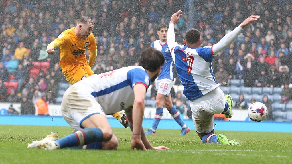 Preston North End’s Aidan McGeady scores to make it 2-2 in the third minute of injury time at Ewood Park. Photograph: Getty Images
