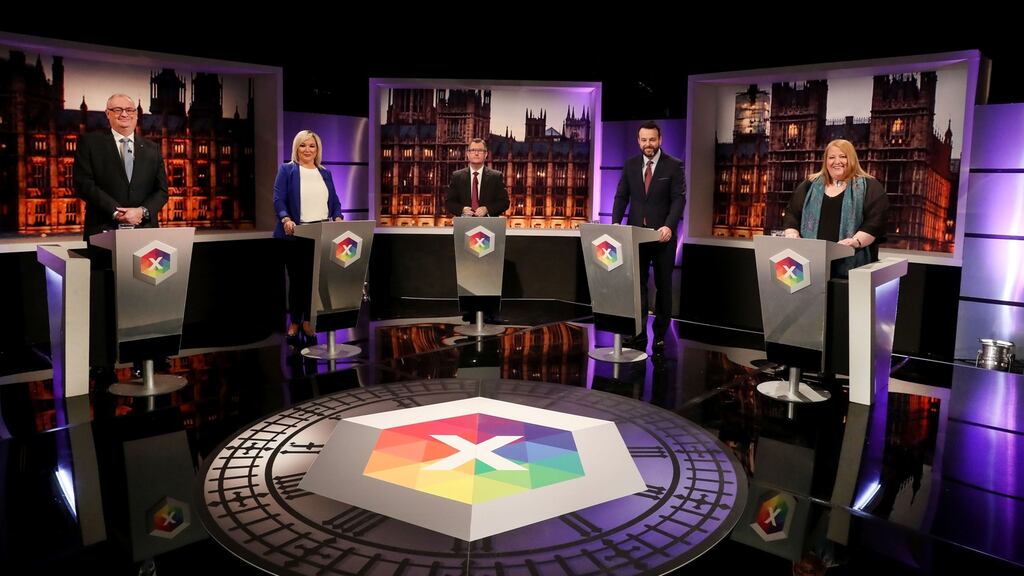 The BBC discussion was billed as a “leaders’ debate” although the outgoing DUP Lagan Valley MP Sir Jeffrey Donaldson appeared instead of leader Arlene Foster. The four other main party leaders did appear. Photograph: Pesseye/PA Wire