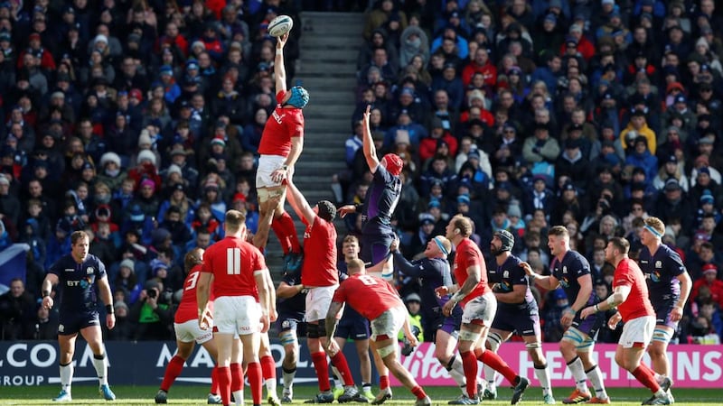 Wales’ Justin Tipuric wins a lineout during the Six Nations match at Murrayfield. Photograph: Russell Cheyne/Reuters