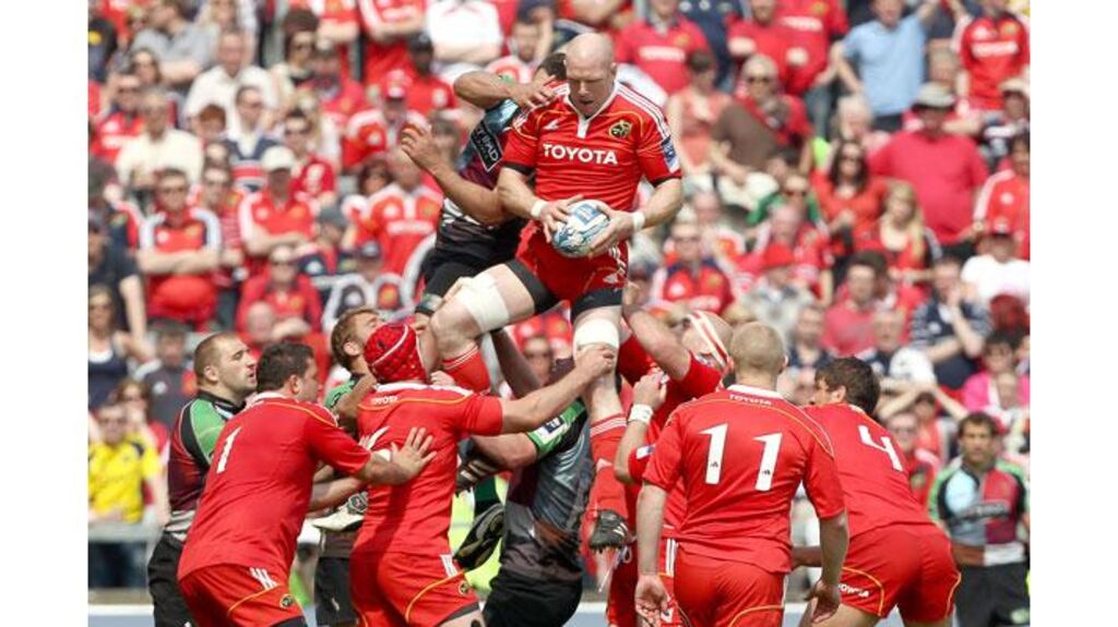 Munster's Paul O'Connell and Nick Easter of Harlequins challenge for lineout ball in the Amlin Challenge Cup Semi-final at Thomond Park. Photograph: James Crombie/Inpho