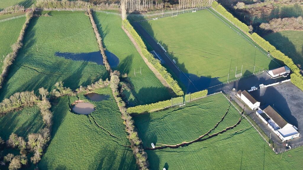 Magheracloone Mitchells GAA Club grounds and Community Centre, with the crack caused by a collapsed mine clearly visible. Photograph: Pat Byrne