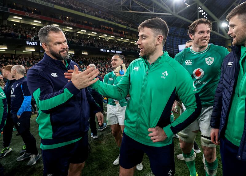 Andy Farrell congratulates Hugo Keenan after Ireland's win over Scotland. Photograph: Dan Sheridan/Inpho