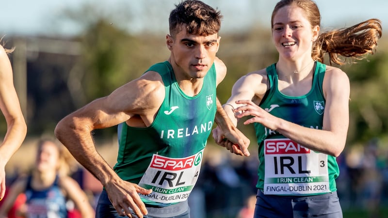 Ireland’s Siofra Cleirigh Buttner with Andrew Coscoran competing in the mixed relay. Photograph: Morgan Treacy/Inpho