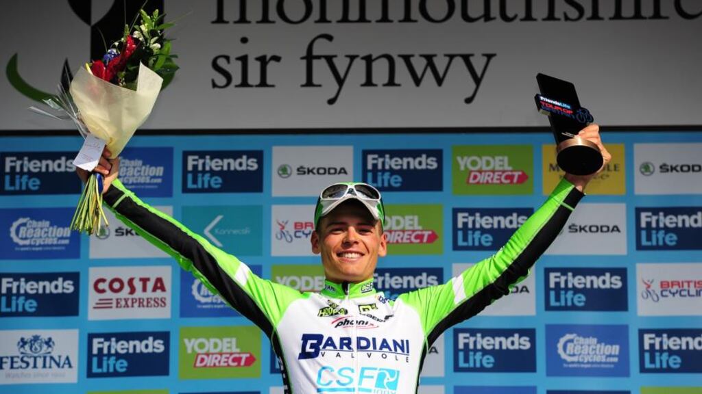 Edoardo Zardini of Bardiani CSF celebrates on the podium after winning Stage Three of the 2014 Tour of Britain from Newtown to Abergavenny. Photograph: Dan Mullan/Getty Images