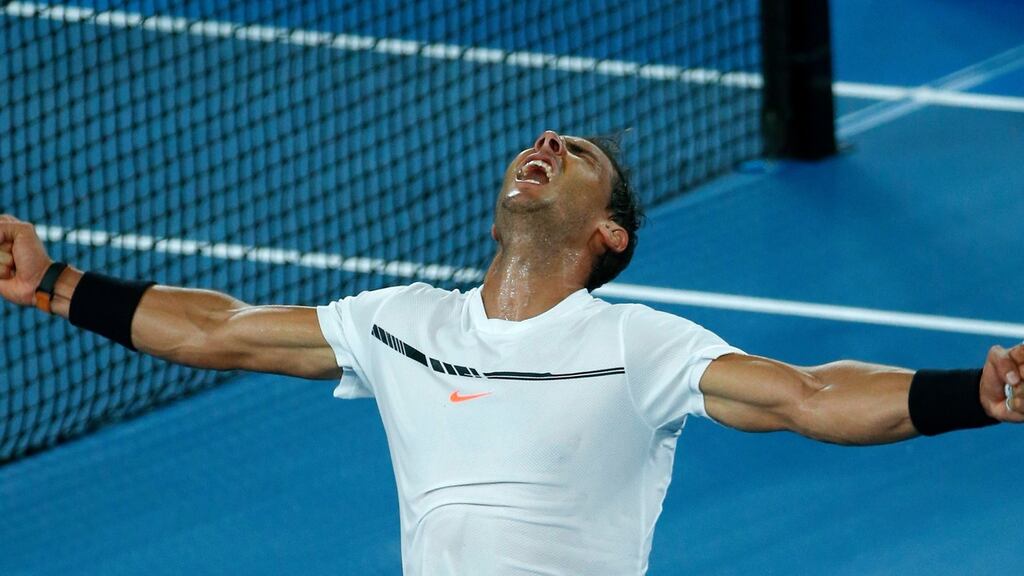 Rafael Nadal celebrates beating Gael Monfils of France at the Australian Open in Melbourne. Photograph: PA