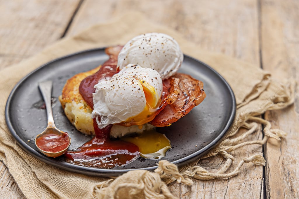Boxty pancakes with bacon and eggs. Photograph: Harry Weir