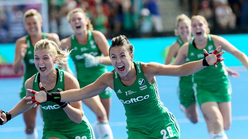Anna O’Flanagan reacts to Gillian Pinder’s winning penalty against Spain. Photograph: Sean Dempsey/EPA