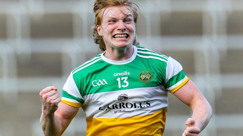 Offaly’s Cormac Egan celebrates at the final whistle after the in over Dublin in the Leinster under-20 final. Photograph: Lorraine O’Sullivan/Inpho