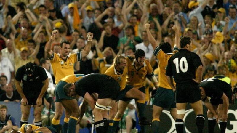 Australia celebrate on the fulltime whistle of their 2003 Rugby World Cup semi-final win over the All Blacks. Photograph: Getty
