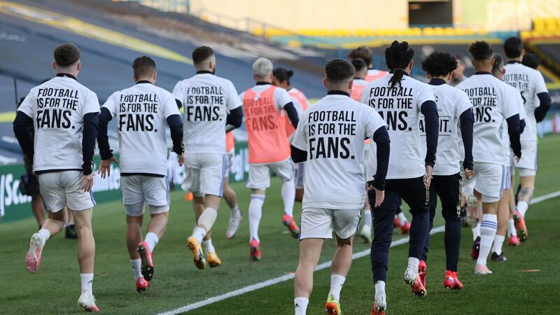 Leeds players wear t-shirts protesting the European Super League proposals. Photograph: Clive Brunskill/Getty/AFP