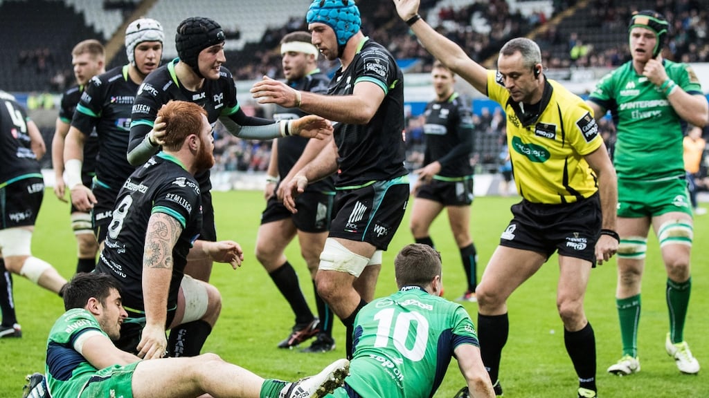 Ospreys’ Dan Baker celebrates scoring his side’s first try in their Guinness Pro12 clash with Connacht. Photo: Simon King/Inpho