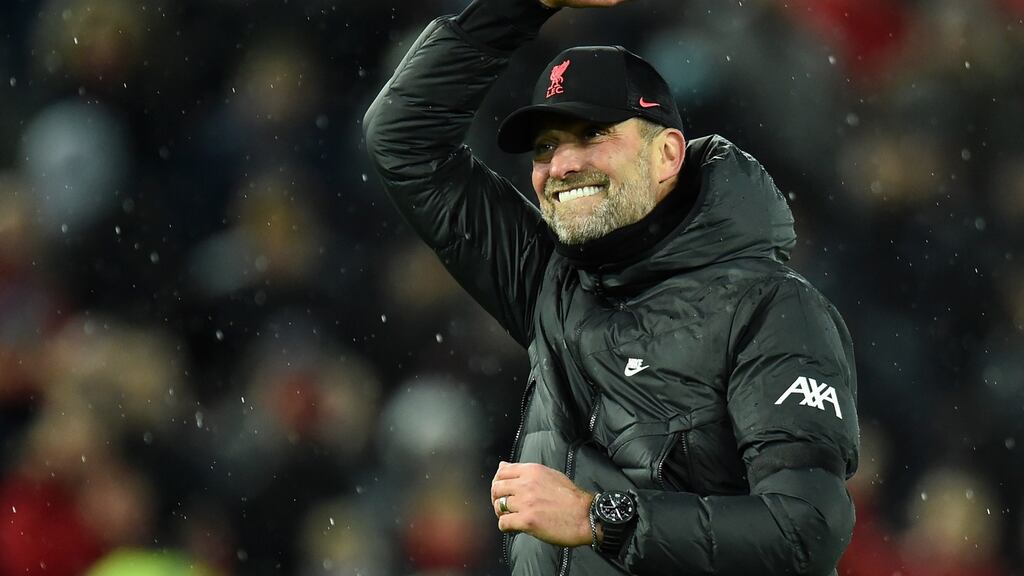 Liverpool manager Jürgen Klopp waves to the crowd after his side’s win over Aston Villa. Photo: Peter Powell/EPA