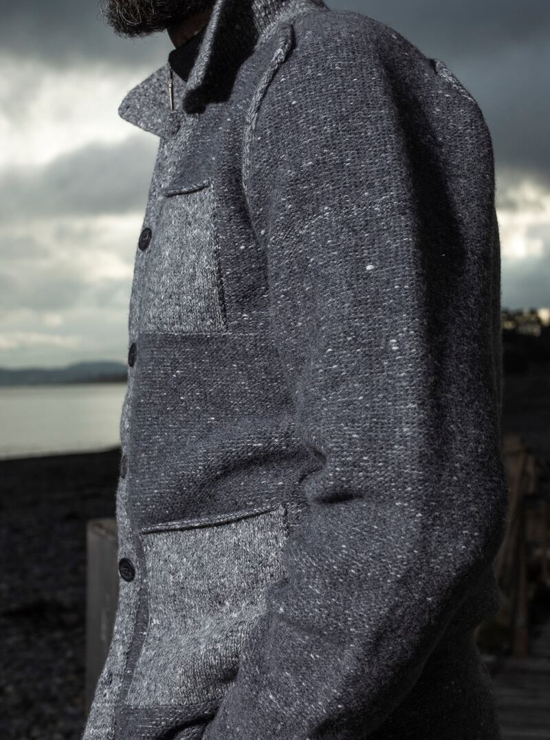 Details of reverse carpenter’s jacket in cashmere and supergeelong, €595. Photograph: Matthew Thompson