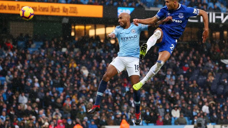 Dominic Calvert-Lewin pulls a goal back for Everton at the Etihad. Photograph: Alex Livesey/Getty